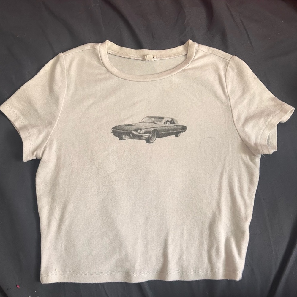 Cream Crop Tee with Vintage Car Graphic